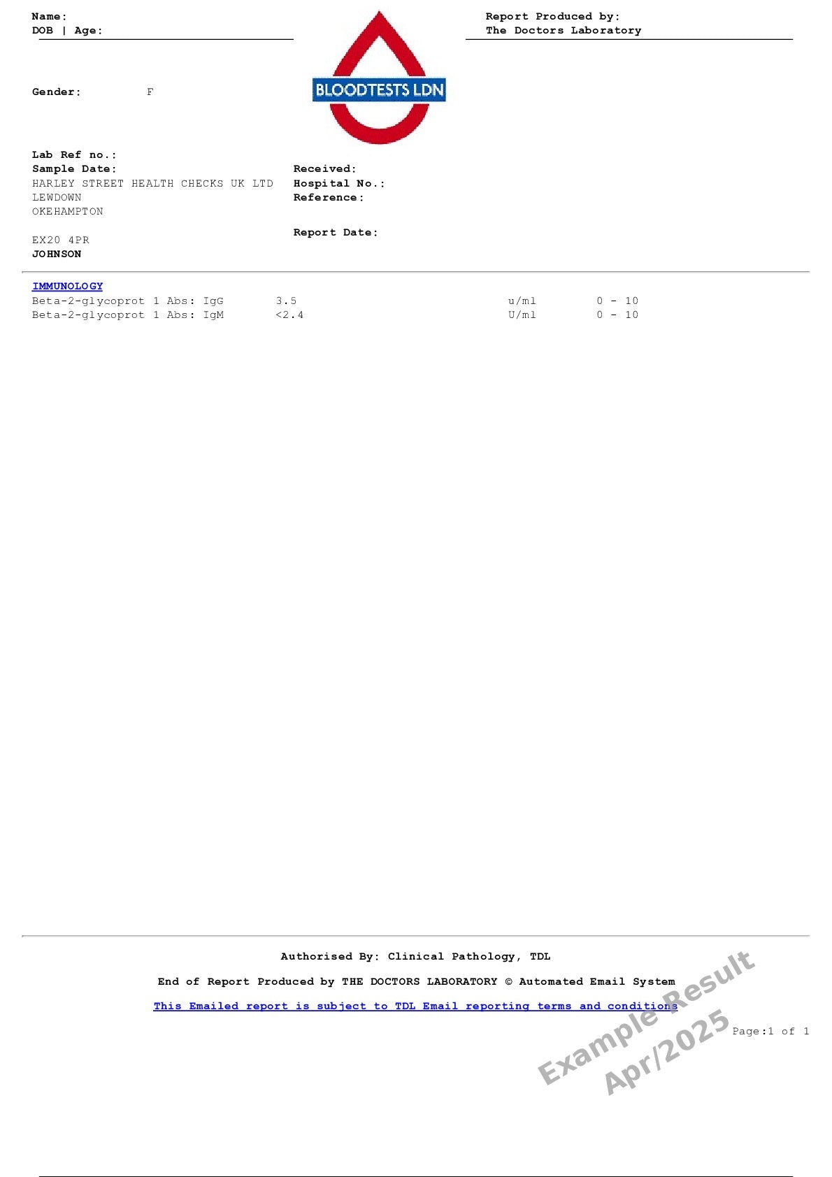 Beta 2 Glycoprotein 1 Antibodies Blood Test Profile In London